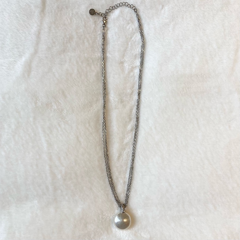 Majorica Sterling Silver Multi Strand Large Simulated Pearl Pendant Necklace